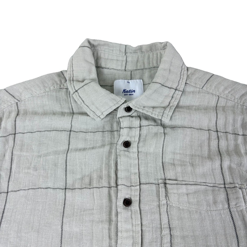 Katin Linen Cotton Button Shirt Mens Medium Sage Plaid Coastal Casual Resort